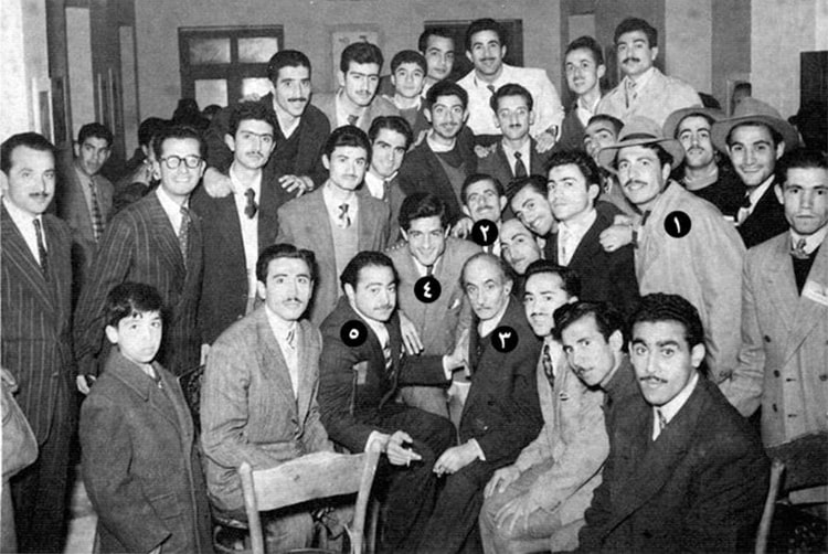 حضور جلال، نیما یوشیج، پرویز داریوش، هوشنگ ایرانی و علی‌اصغر خبره‌زاده در نمایشگاه بهمن محصص